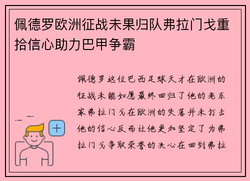 佩德罗欧洲征战未果归队弗拉门戈重拾信心助力巴甲争霸 佩德罗欧洲征战未果归队弗拉门戈重拾信心助力巴甲争霸